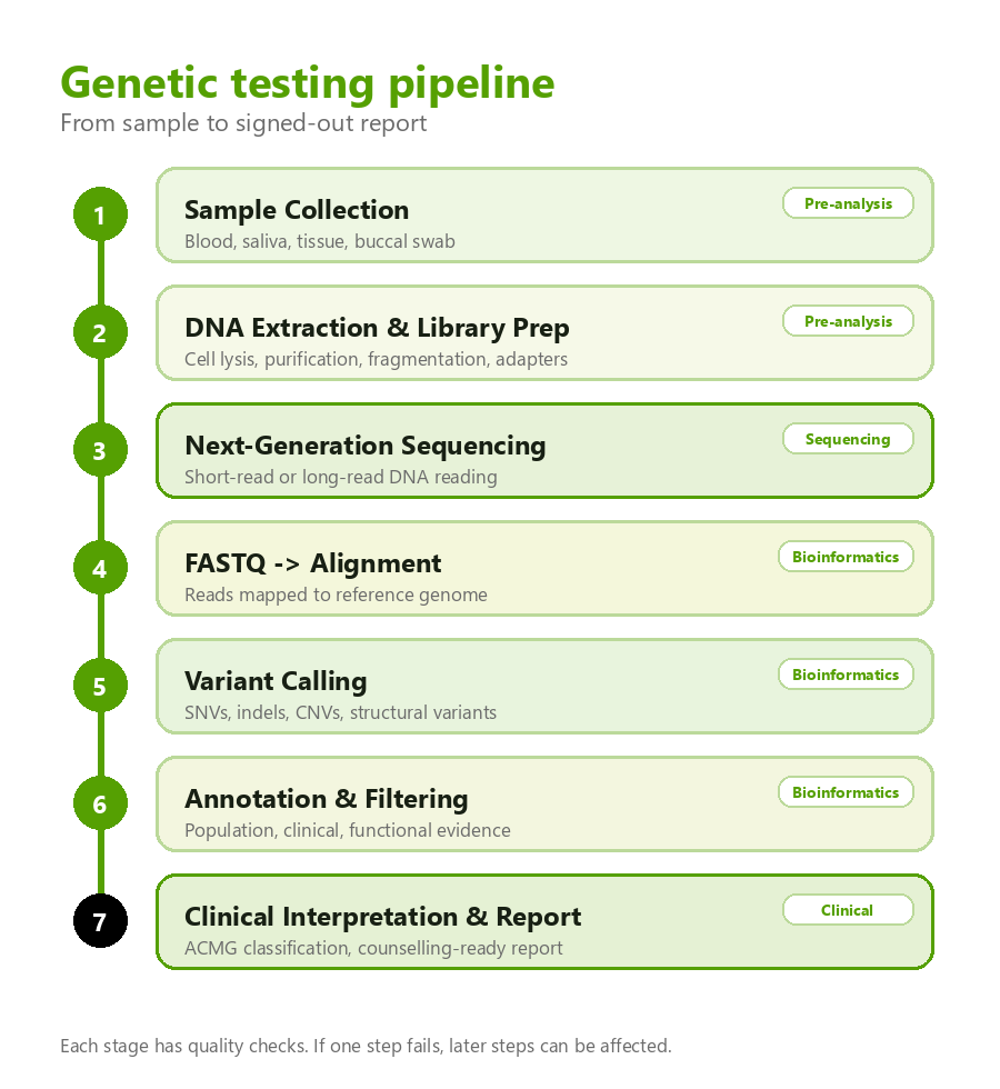 The genetic testing pipeline from sample collection to signed-out report