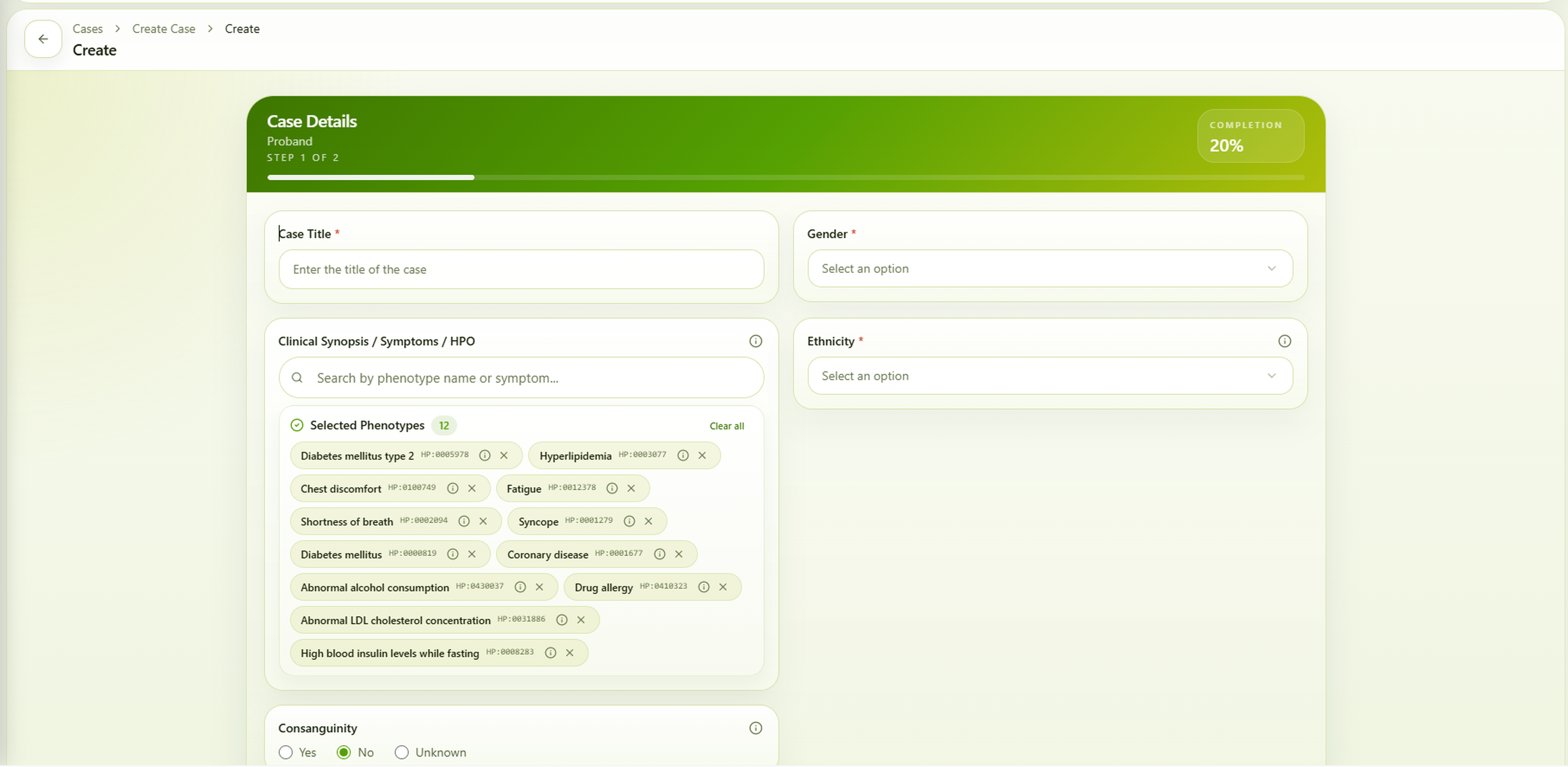 Figure 2: User validation interface showing AI-extracted phenotype terms and mapped HPO identifiers within the Vgen23 platform